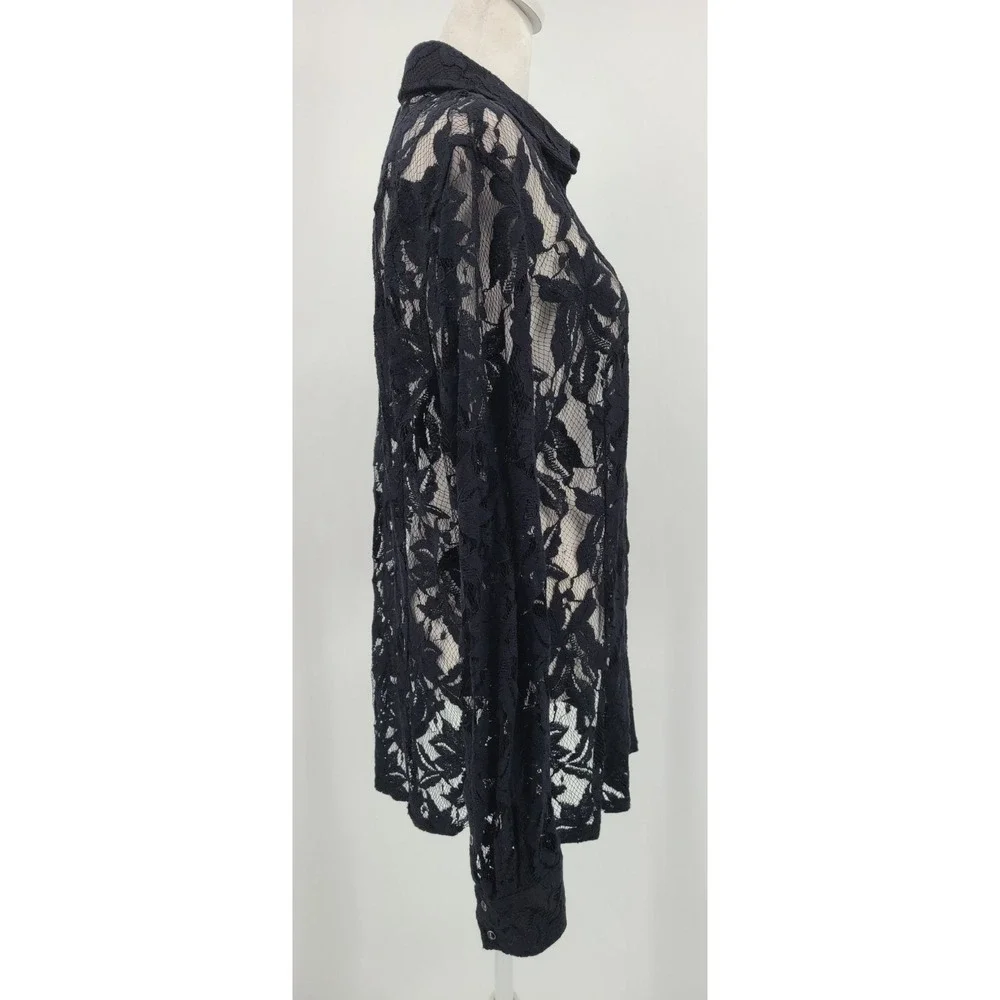 Whimsigoth Lace Ariat Women Top L Button Up Mesh Layering Floral Collar Layering